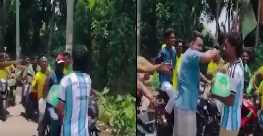 ব্রাজিল ভক্তদের মোটর র্যালিতে আর্জেন্টিনা ভক্তদের 7UP বিতরণ
