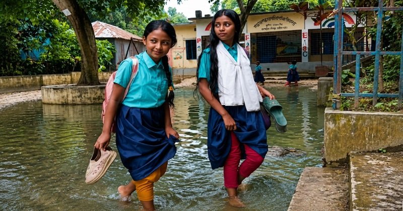 উল্লাপাড়ায় বিদ্যালয়ের পথে হাঁটু পানি, ২১৮ শিক্ষার্থীর ভোগান্তি